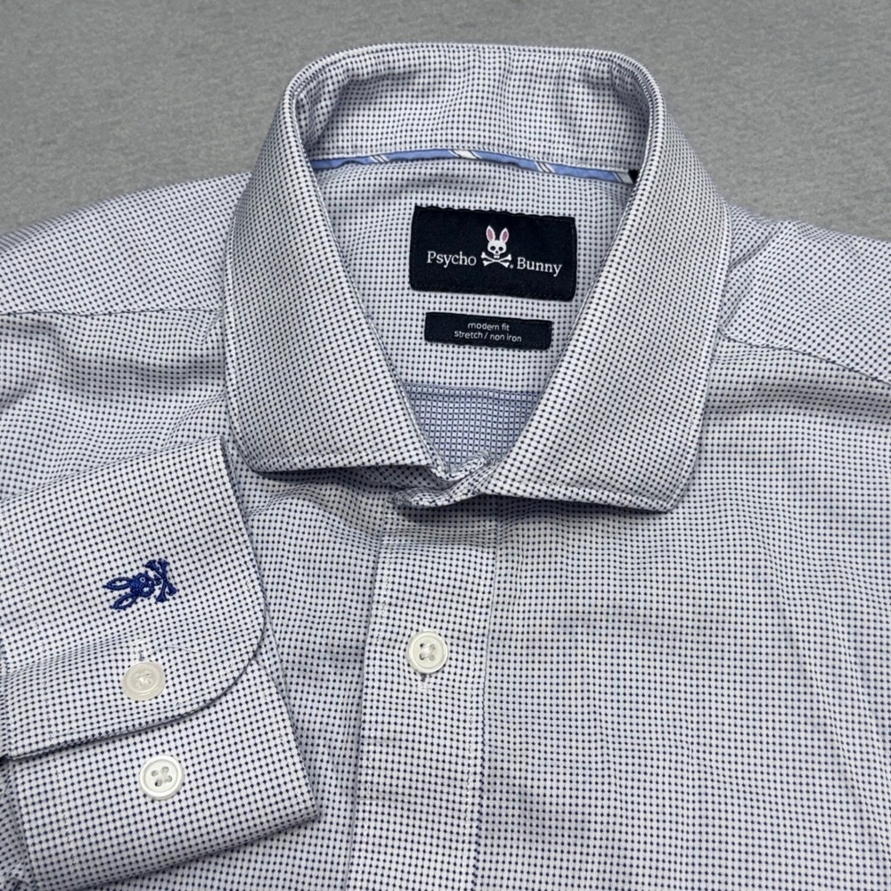 Psycho Bunny Modern Fit Stretch Non-Iron Blue Micro Check Dress Shirt 15 32/33